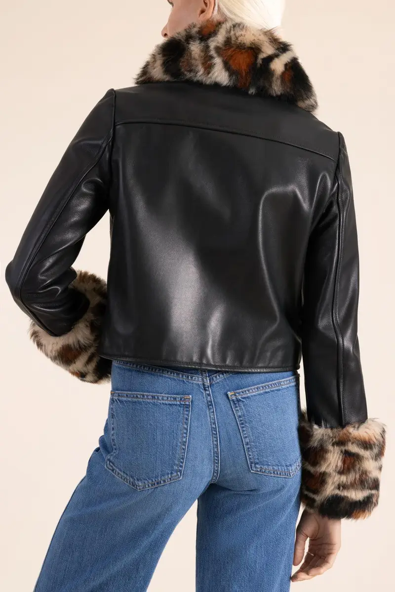 SUSAN BENDER Leopard Trim Leather Jacket | Thumbnail 3 SUSAN BENDER Leopard Trim Leather Jacket | Thumbnail 3