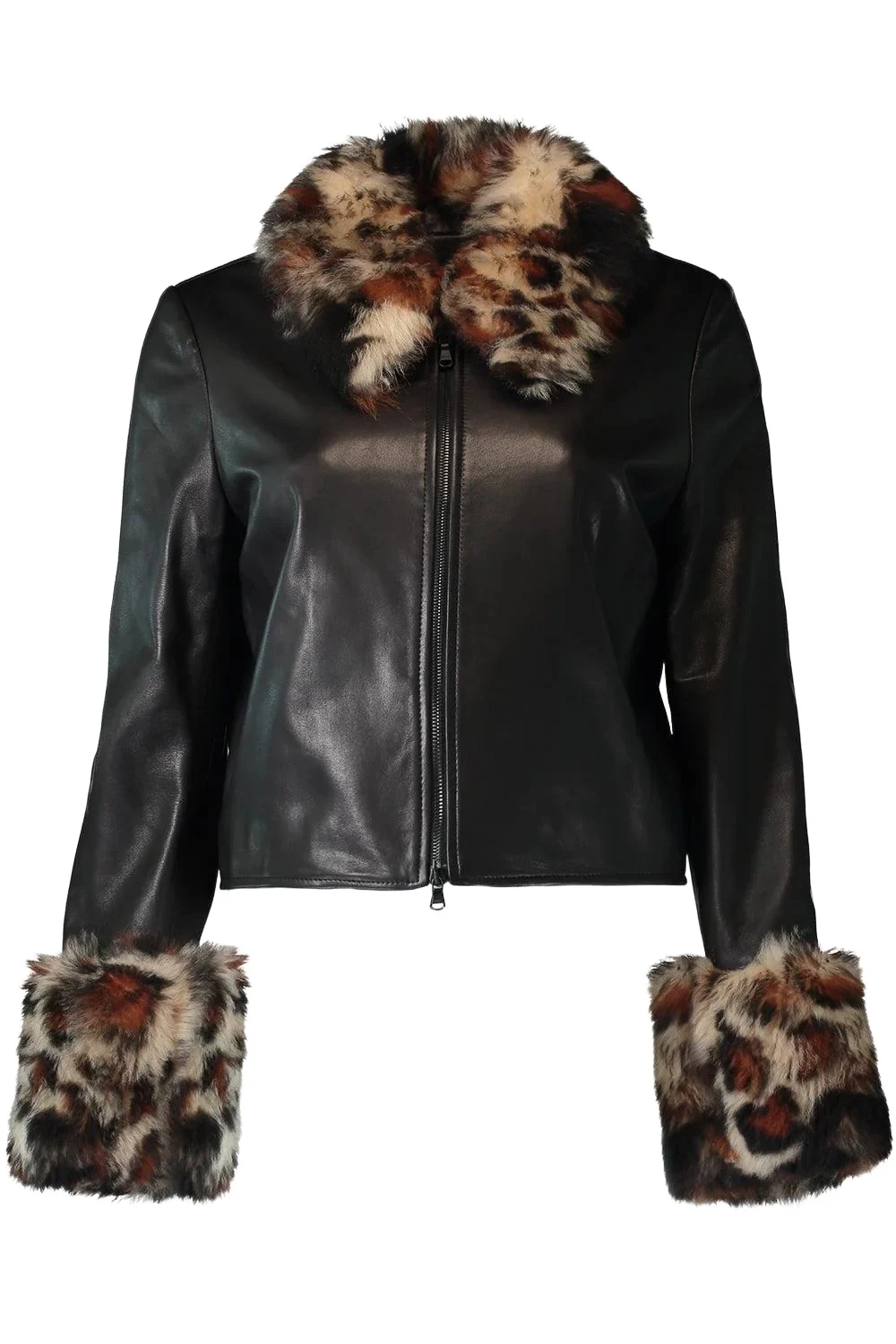 Leopard Trim Leather Jacket