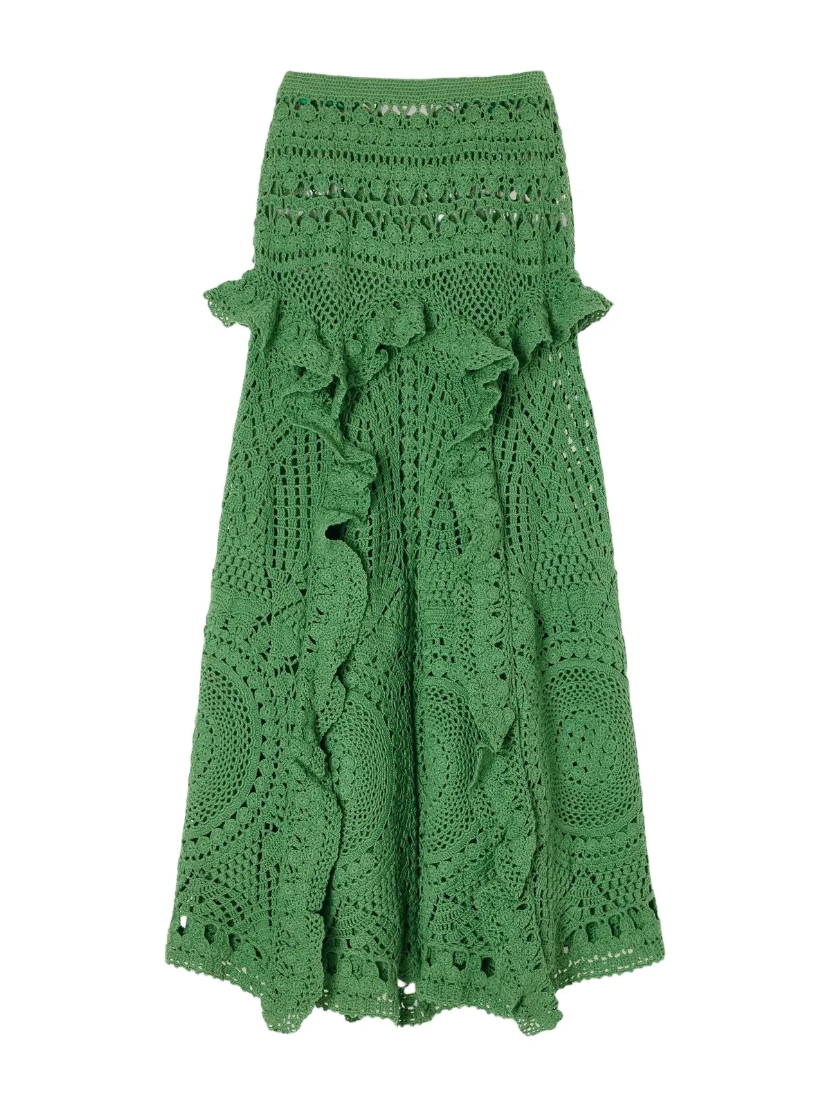 Floretta Ruffled Crochet-knit Cotton Midi Skirt