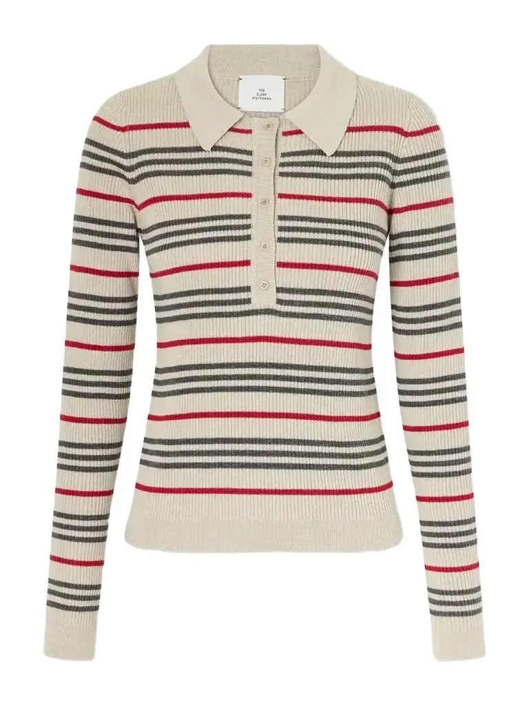 The Elder Statesman Libeccio Stripped Wool, Silk And Linen-blend Knitted Polo | Image 1 The Elder Statesman Libeccio Stripped Wool, Silk And Linen-blend Knitted Polo | Image 1