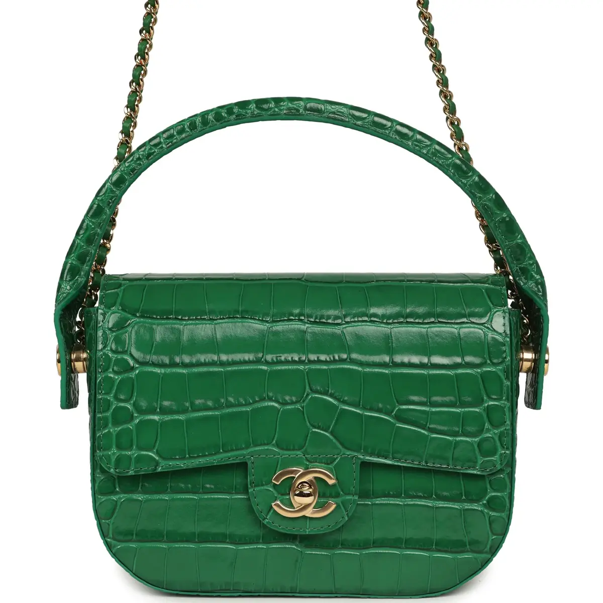 Chanel Chanel Mini Top Handle "Turn Around" Flap Bag Green Croc Embossed Calfskin Gold Hardware | Image 1 Chanel Chanel Mini Top Handle "Turn Around" Flap Bag Green Croc Embossed Calfskin Gold Hardware | Image 1