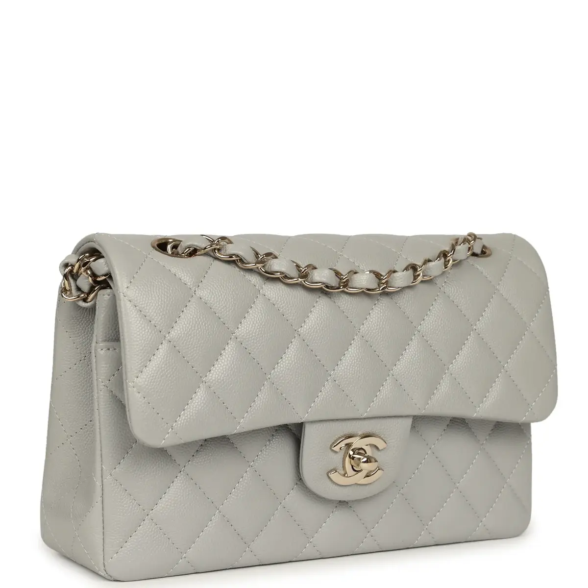 Chanel Chanel Small Classic Double Flap Bag Light Grey Caviar Light Gold Hardware | Thumbnail 2 Chanel Chanel Small Classic Double Flap Bag Light Grey Caviar Light Gold Hardware | Thumbnail 2