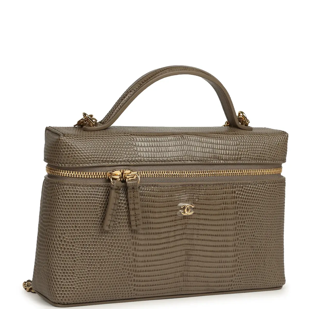 Chanel Chanel Top Handle Long Vanity Case with Chain Dark Khaki Lizard Embossed Calfskin Gold Hardware | Thumbnail 2 Chanel Chanel Top Handle Long Vanity Case with Chain Dark Khaki Lizard Embossed Calfskin Gold Hardware | Thumbnail 2