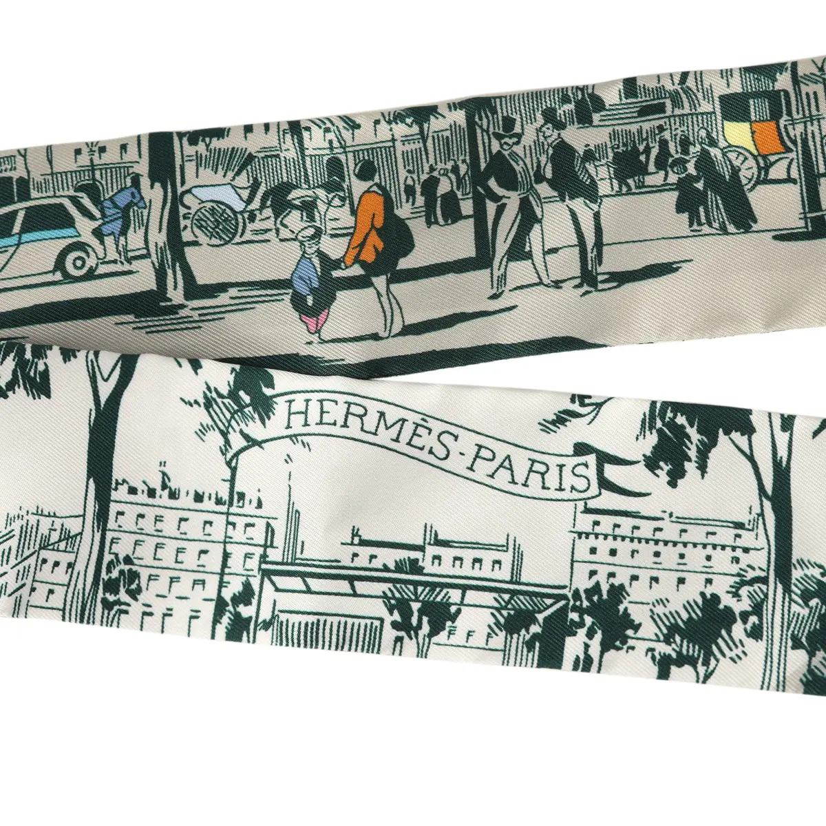HERMÈS Hermes "A l'Ombre des Boulevards" Blanc, Vert, Gris Silk Twilly Pair | Thumbnail 3 HERMÈS Hermes "A l'Ombre des Boulevards" Blanc, Vert, Gris Silk Twilly Pair | Thumbnail 3