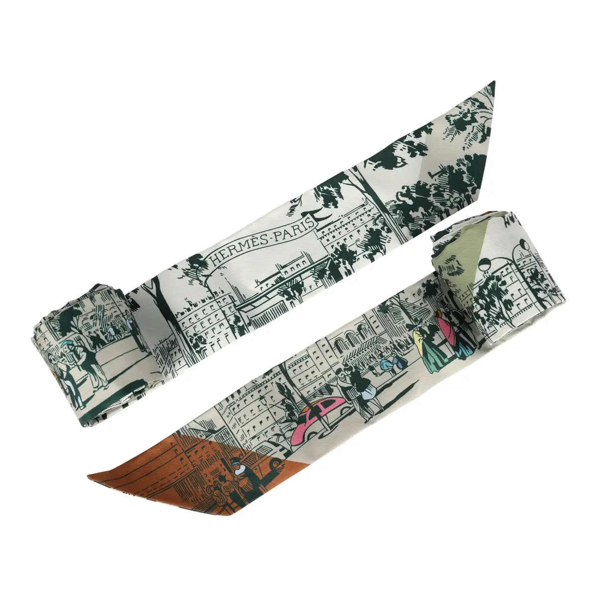 HERMÈS Hermes "A l'Ombre des Boulevards" Blanc, Vert, Gris Silk Twilly Pair | Thumbnail 4 HERMÈS Hermes "A l'Ombre des Boulevards" Blanc, Vert, Gris Silk Twilly Pair | Thumbnail 4