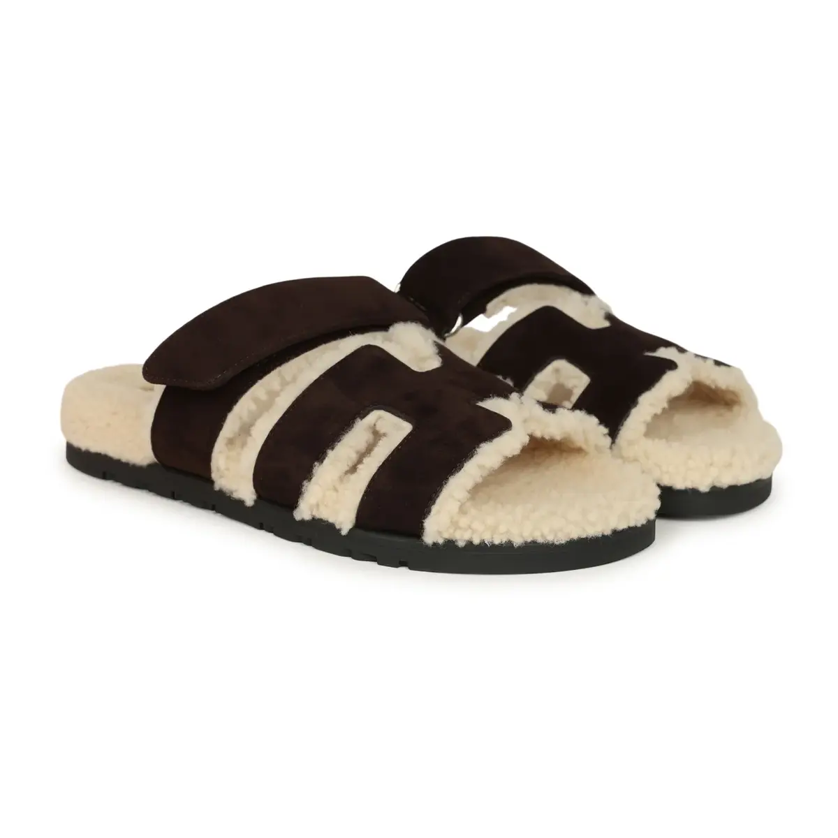 HERMÈS Hermes Chypre Techno Sandals Marron Ebene Suede and Ecru Shearling Palladium Hardware EU | Thumbnail 2 HERMÈS Hermes Chypre Techno Sandals Marron Ebene Suede and Ecru Shearling Palladium Hardware EU | Thumbnail 2