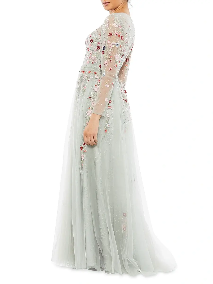 Mac Duggal Women's Long-Sleeve Floral Applique Tulle Gown | Thumbnail 2 Mac Duggal Women's Long-Sleeve Floral Applique Tulle Gown | Thumbnail 2