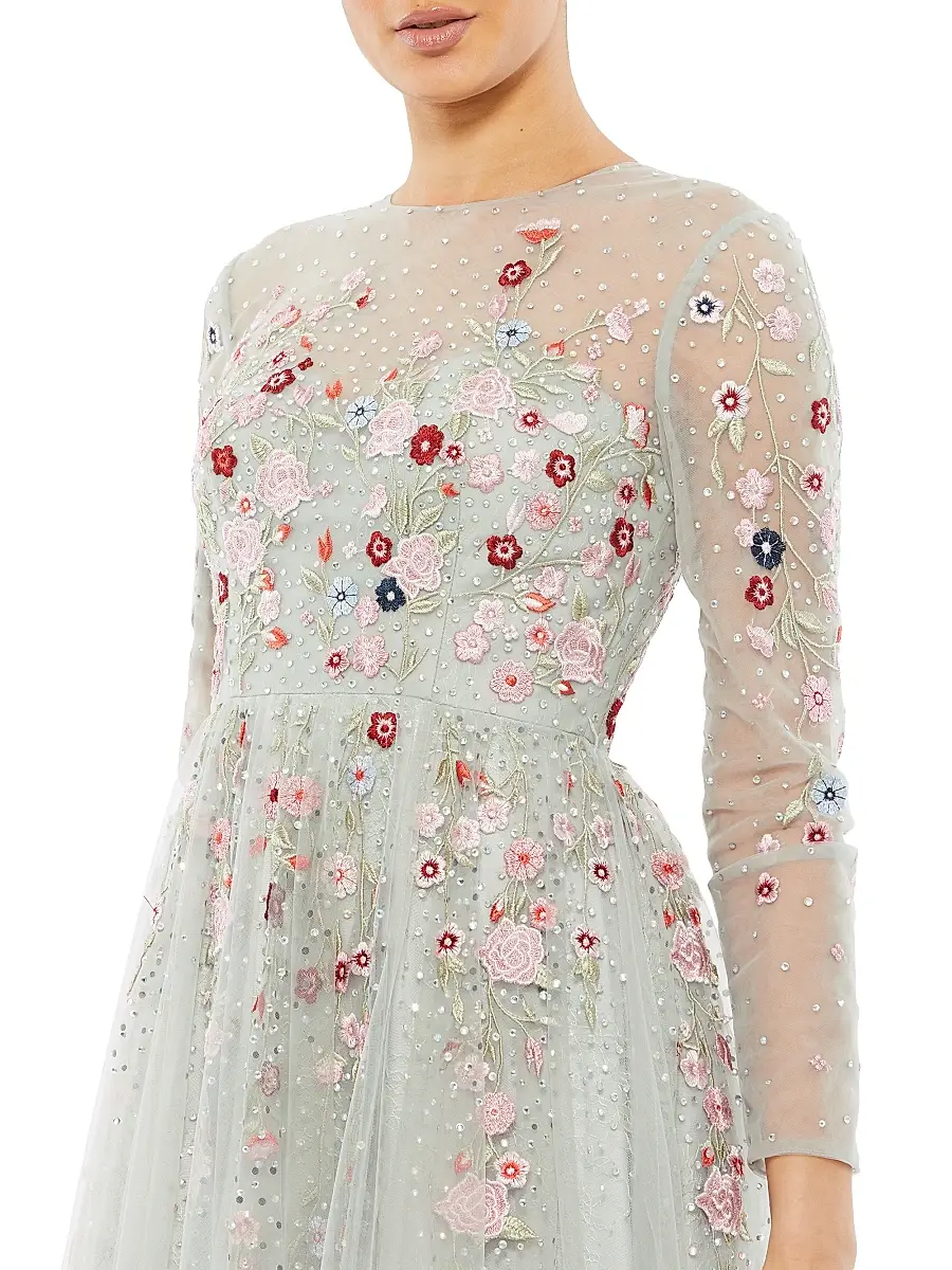 Mac Duggal Women's Long-Sleeve Floral Applique Tulle Gown | Thumbnail 3 Mac Duggal Women's Long-Sleeve Floral Applique Tulle Gown | Thumbnail 3