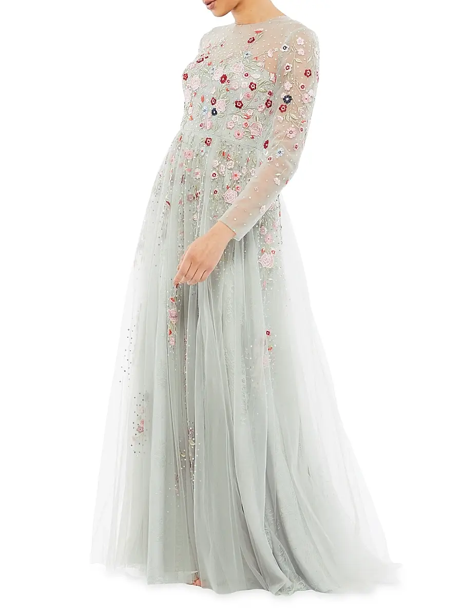 Mac Duggal Women's Long-Sleeve Floral Applique Tulle Gown