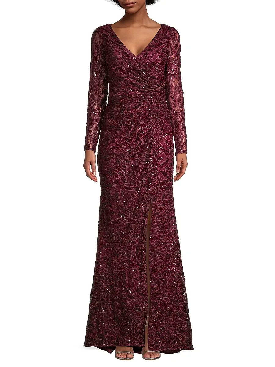 Mac Duggal Women's Illusion Damask Embroidered Sequin Column Gown | Thumbnail 3 Mac Duggal Women's Illusion Damask Embroidered Sequin Column Gown | Thumbnail 3