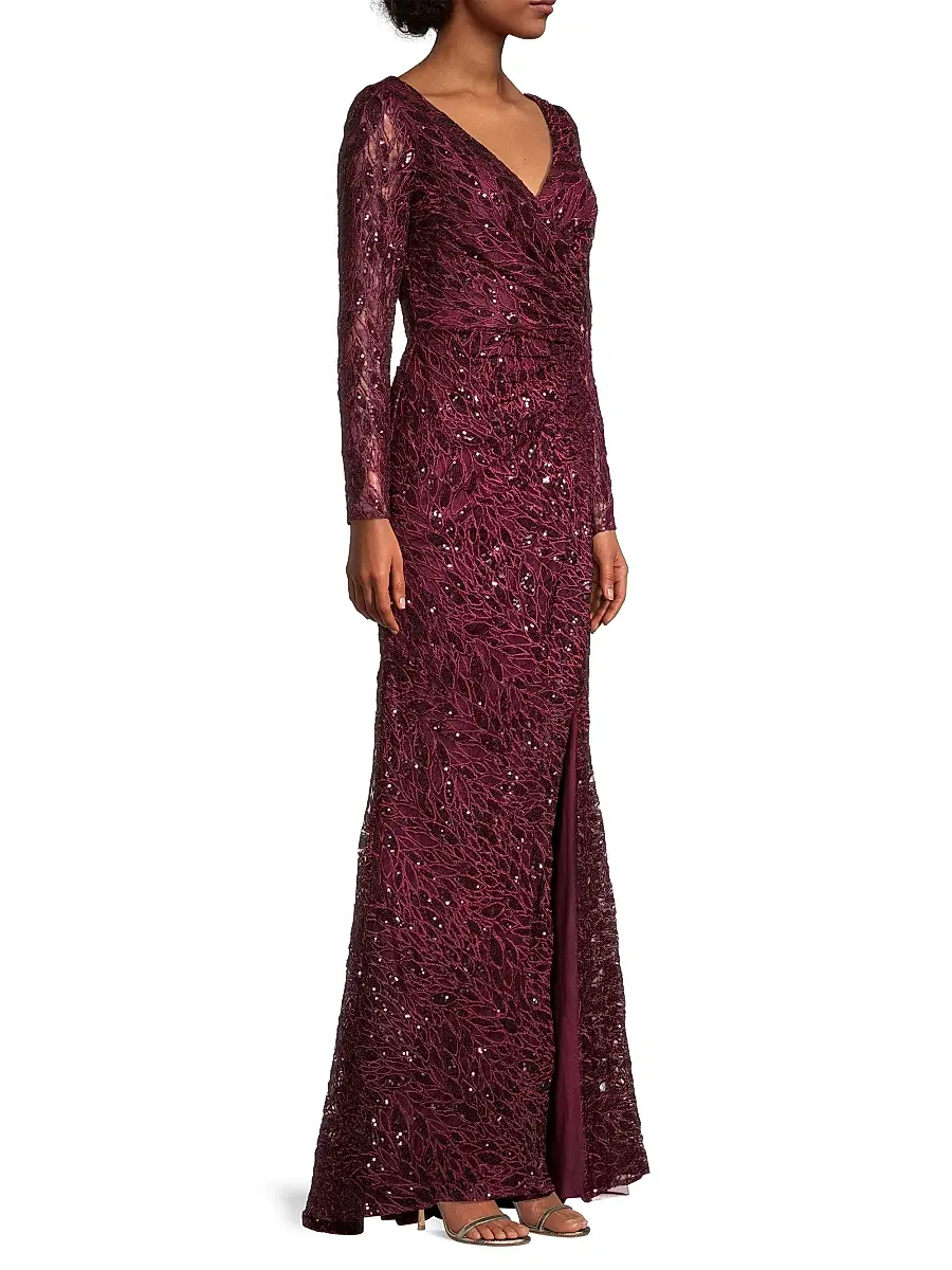 Mac Duggal Women's Illusion Damask Embroidered Sequin Column Gown | Thumbnail 4 Mac Duggal Women's Illusion Damask Embroidered Sequin Column Gown | Thumbnail 4