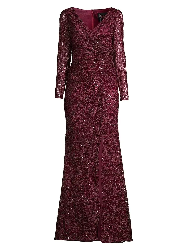 Women's Illusion Damask Embroidered Sequin Column Gown Women's Illusion Damask Embroidered Sequin Column Gown