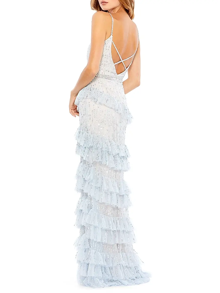Mac Duggal Women's Sequined V-Neck Tiered Gown | Thumbnail 2 Mac Duggal Women's Sequined V-Neck Tiered Gown | Thumbnail 2