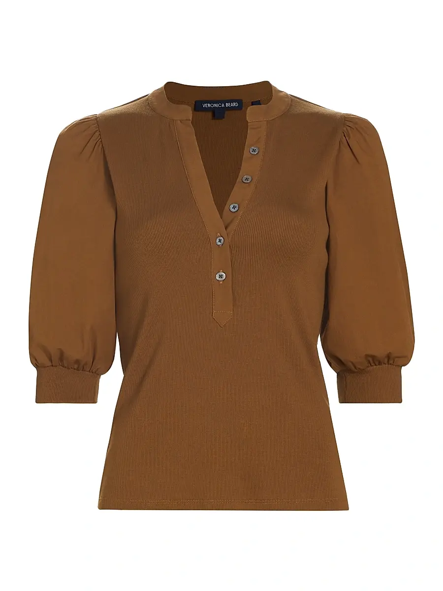 Veronica Beard Women's Coralee Ribbed Puff-Sleeve Top - Ochre | Image 1 Veronica Beard Women's Coralee Ribbed Puff-Sleeve Top - Ochre | Image 1