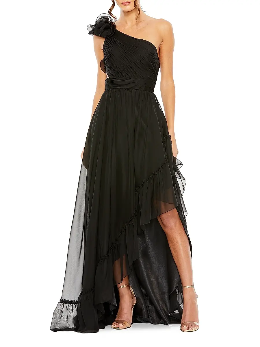 Mac Duggal Women's One-Shoulder Asymmetric Chiffon Gown - Black | Image 1 Mac Duggal Women's One-Shoulder Asymmetric Chiffon Gown - Black | Image 1