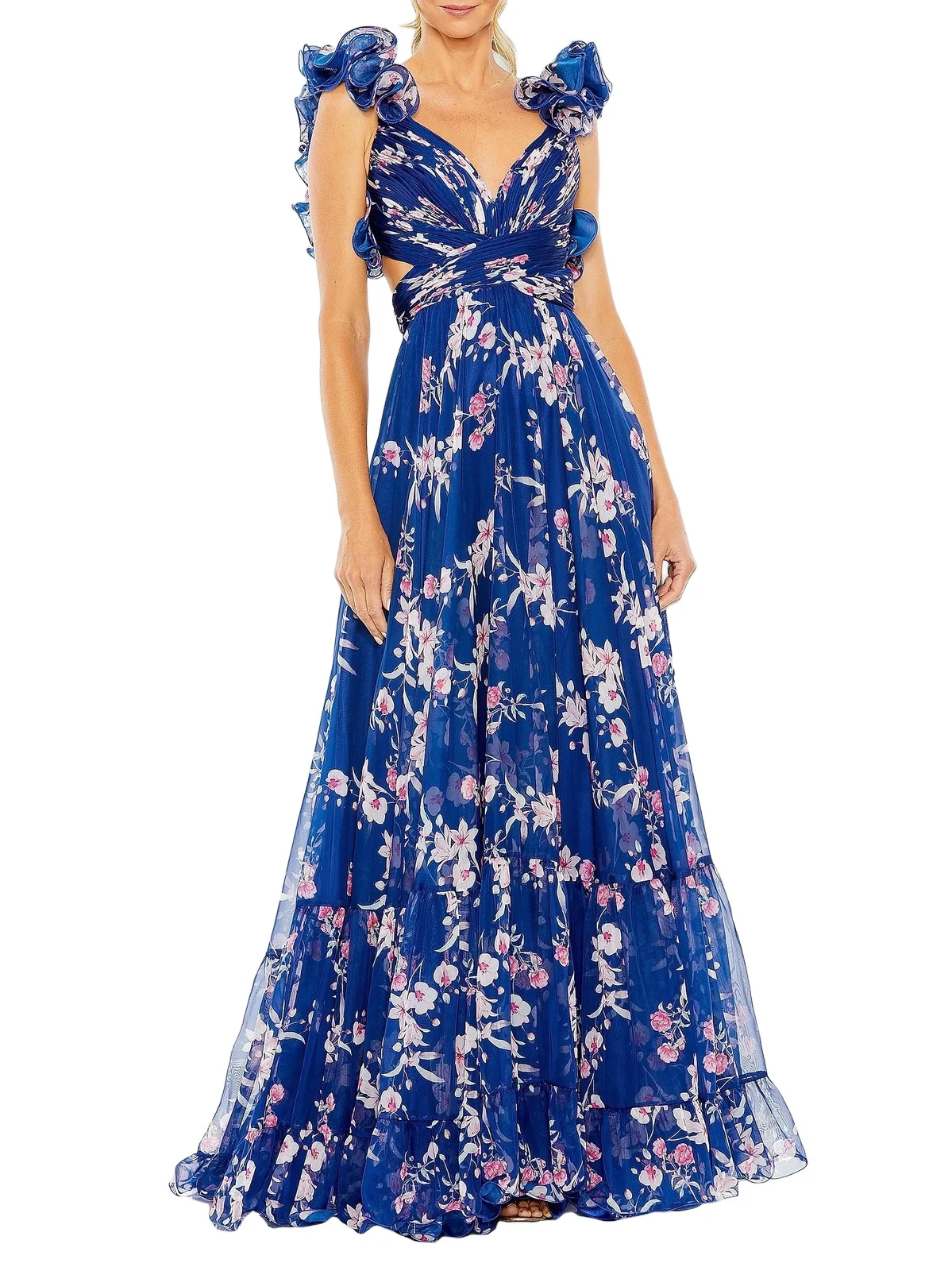 Women's Floral Ruffled Tiered Chiffon Gown Women's Floral Ruffled Tiered Chiffon Gown