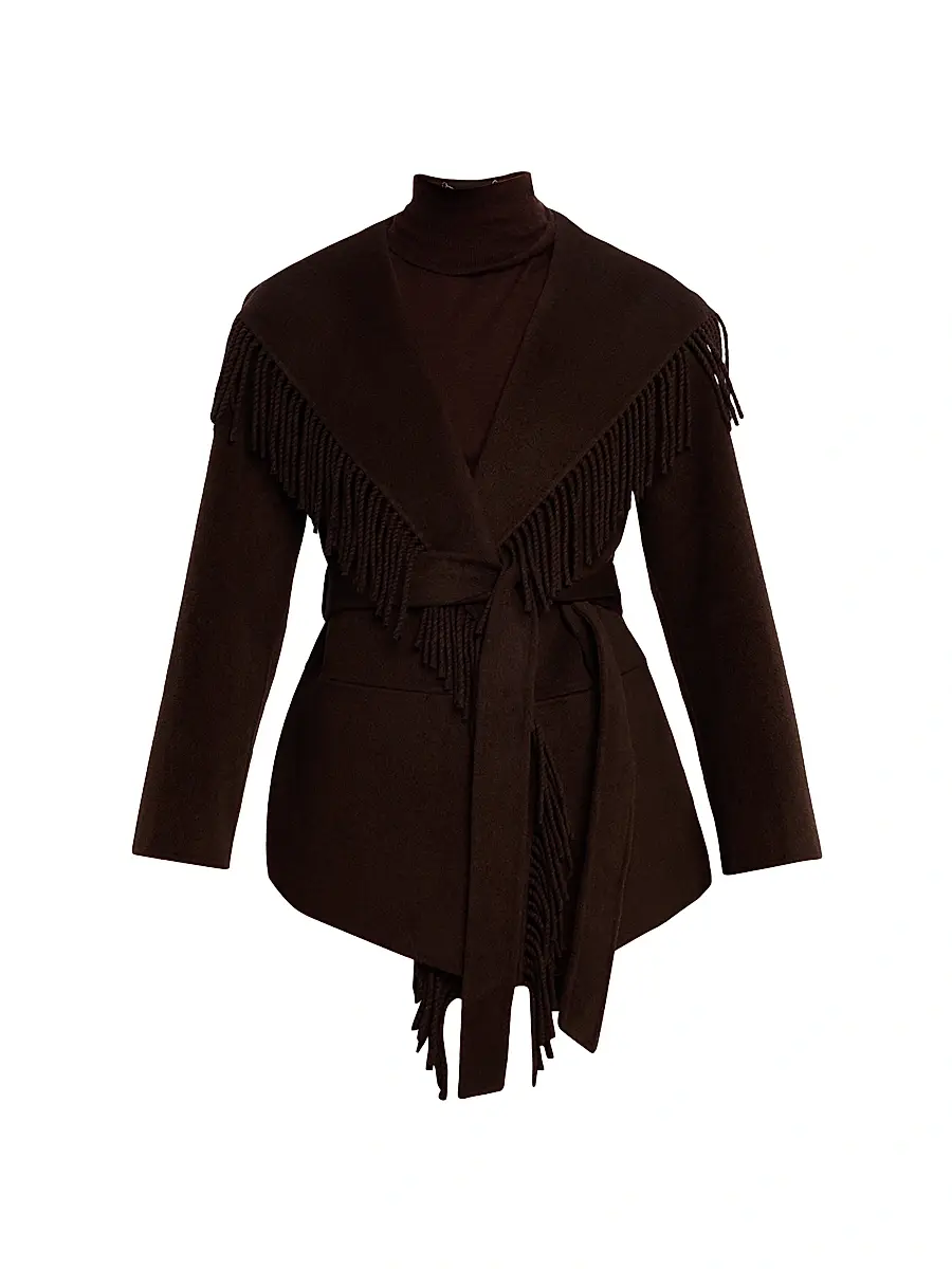 Simkhai Women's Rowen Fringed Wool-Blend Jacket - Chocolate | Image 1 Simkhai Women's Rowen Fringed Wool-Blend Jacket - Chocolate | Image 1