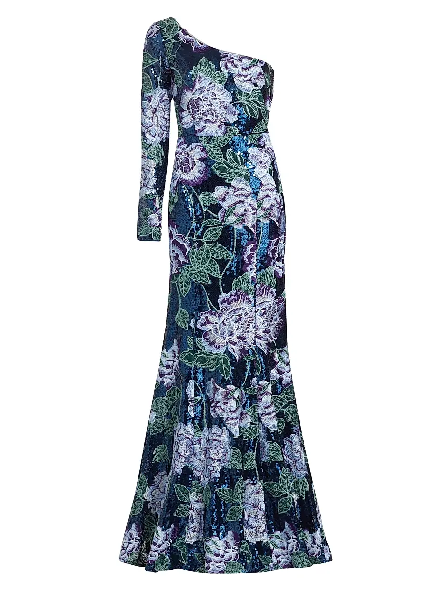 Marchesa Notte Women's Floral-Embroidered One-Shoulder Gown