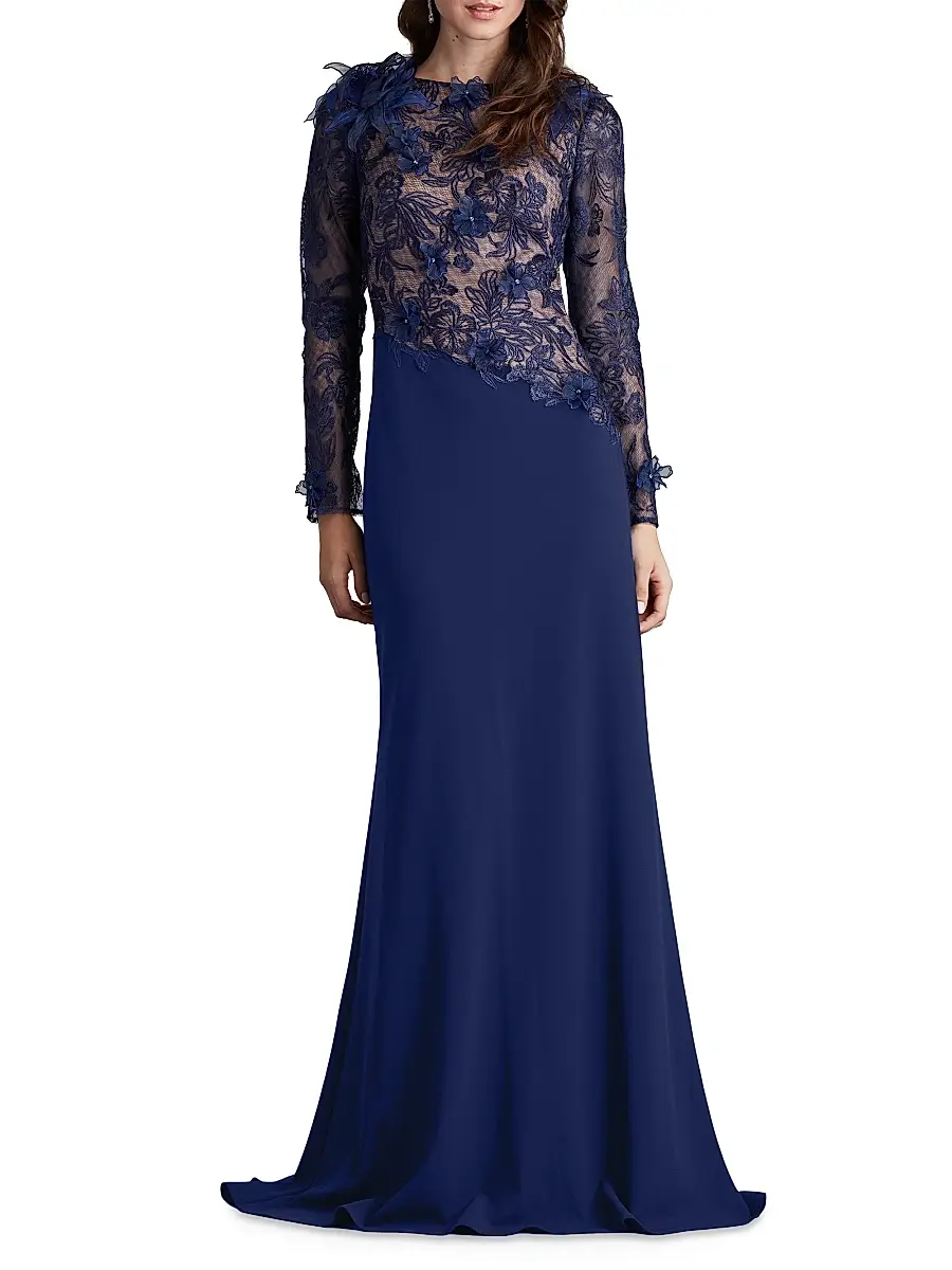 Tadashi Shoji Women's Floral Lace Asymmetric Long-Sleeve Gown | Thumbnail 2 Tadashi Shoji Women's Floral Lace Asymmetric Long-Sleeve Gown | Thumbnail 2