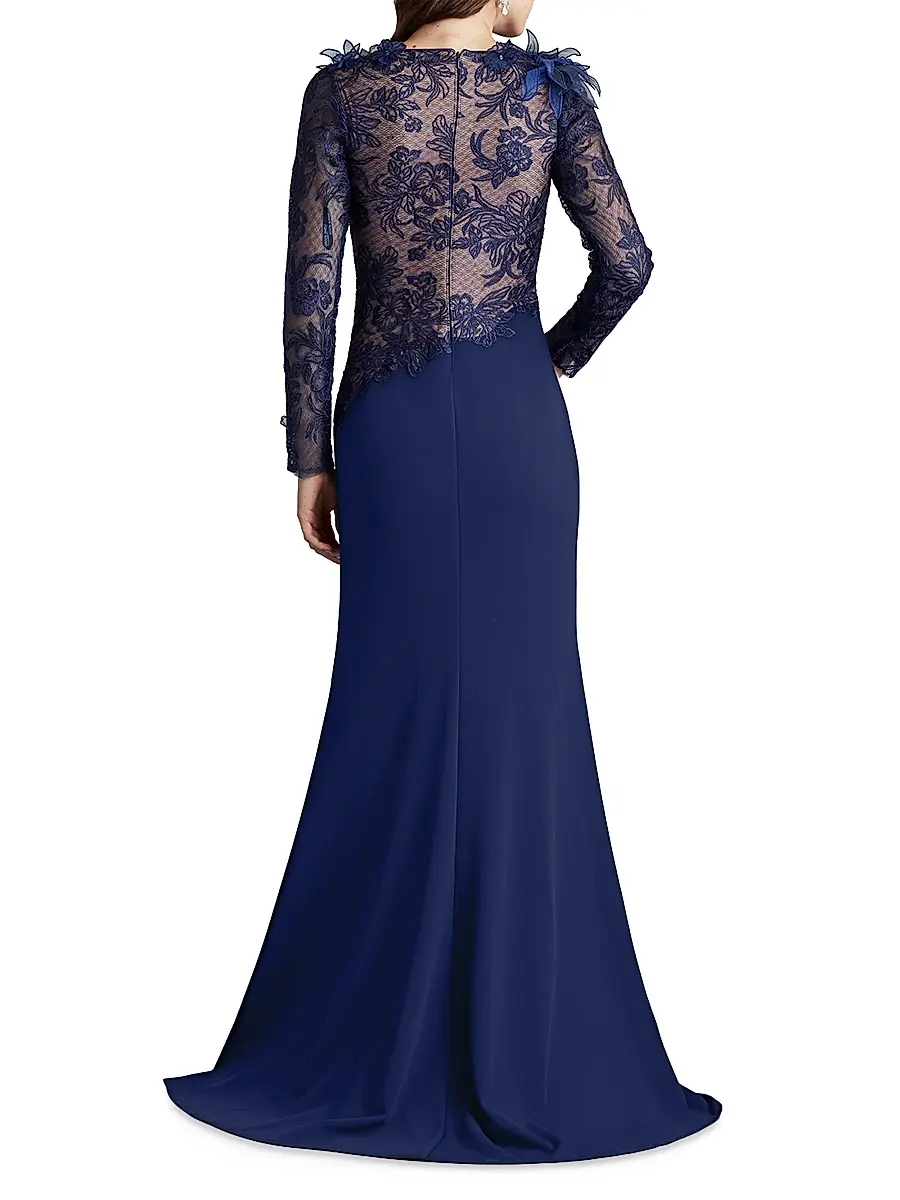 Tadashi Shoji Women's Floral Lace Asymmetric Long-Sleeve Gown | Thumbnail 3 Tadashi Shoji Women's Floral Lace Asymmetric Long-Sleeve Gown | Thumbnail 3