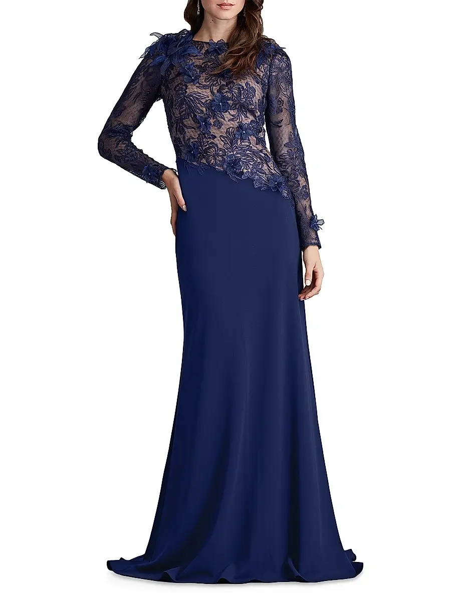 Tadashi Shoji Women's Floral Lace Asymmetric Long-Sleeve Gown | Thumbnail 4 Tadashi Shoji Women's Floral Lace Asymmetric Long-Sleeve Gown | Thumbnail 4