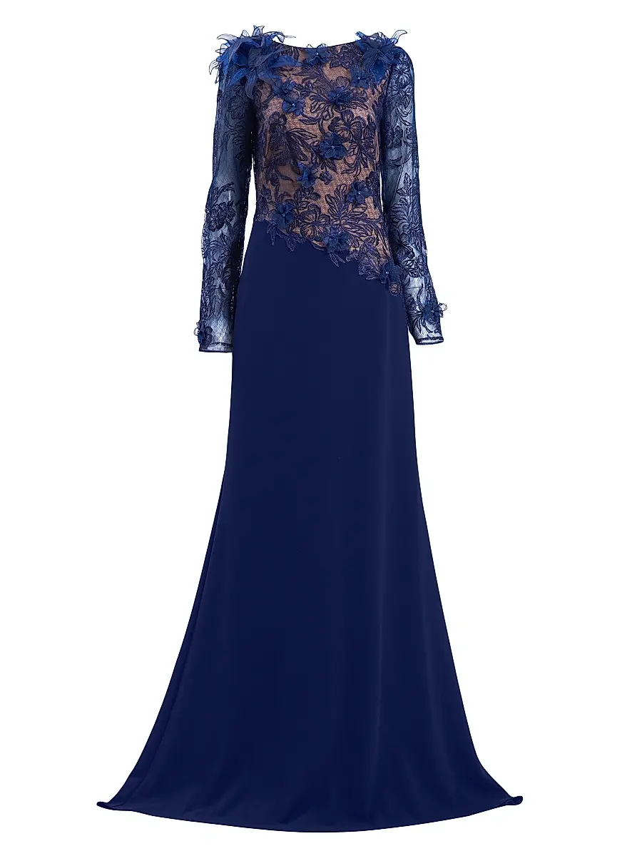 Tadashi Shoji Women's Floral Lace Asymmetric Long-Sleeve Gown - Notte Beige - Size 8 | Image 1 Tadashi Shoji Women's Floral Lace Asymmetric Long-Sleeve Gown - Notte Beige - Size 8 | Image 1