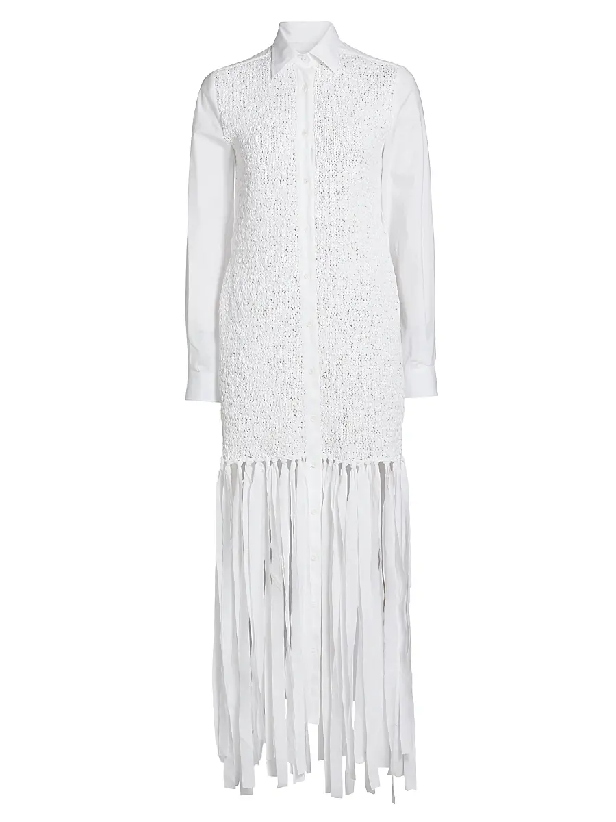 MOSCHINO Women's Cotton Poplin Fringe Shirtdress - White | Image 1 MOSCHINO Women's Cotton Poplin Fringe Shirtdress - White | Image 1