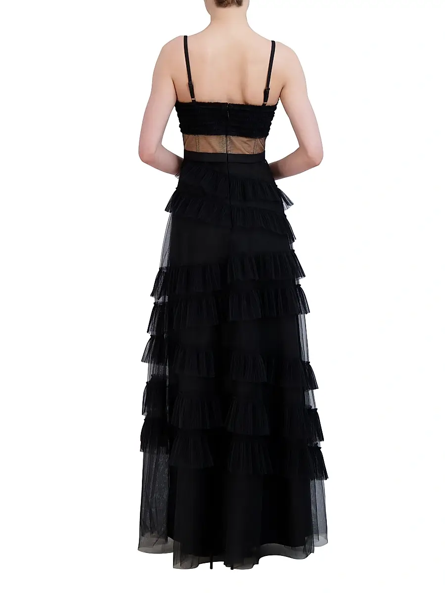 bcbg corset tulle dress BCBGMAXAZRIA Ruffled Gown in Black Blue Dresses | Royal, Colour:Ivory 25-off-2026 Bcbg black tulle voluminous contrast to the