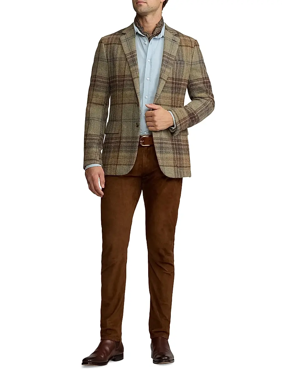 Ralph Lauren Purple Label Men's Kent Hand-Tailored Plaid Wool Sportcoat - Sage Brown Tan Multi | Image 1 Ralph Lauren Purple Label Men's Kent Hand-Tailored Plaid Wool Sportcoat - Sage Brown Tan Multi | Image 1