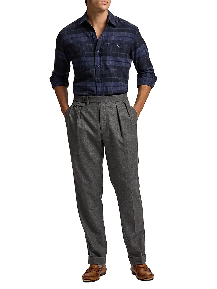 Ralph Lauren Purple Label Men's Plaid Cotton Flannel Button-Front Shirt - Dark French Blue Melange | Thumbnail 2 Ralph Lauren Purple Label Men's Plaid Cotton Flannel Button-Front Shirt - Dark French Blue Melange | Thumbnail 2