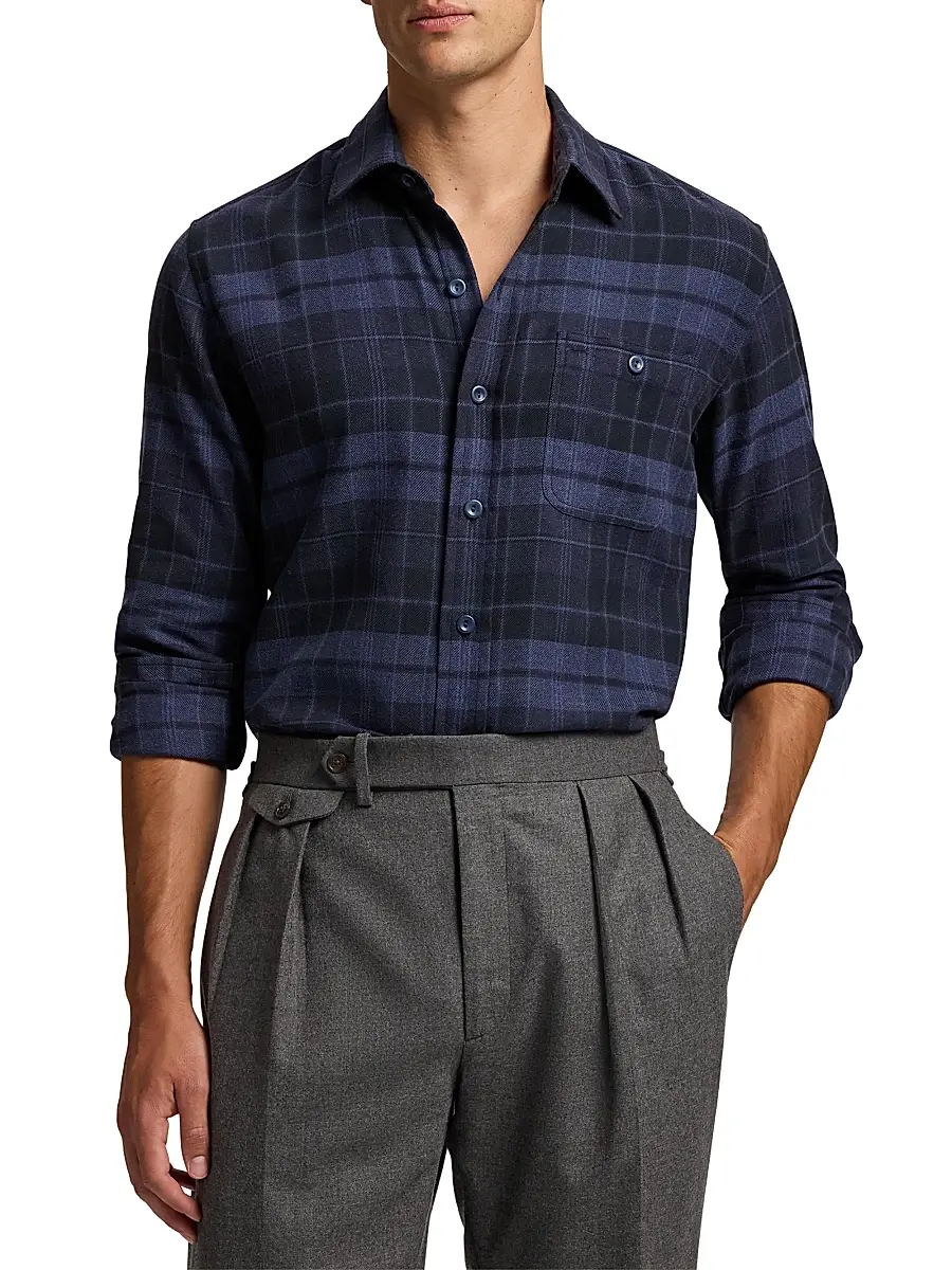 Ralph Lauren Purple Label Men's Plaid Cotton Flannel Button-Front Shirt - Dark French Blue Melange | Thumbnail 3 Ralph Lauren Purple Label Men's Plaid Cotton Flannel Button-Front Shirt - Dark French Blue Melange | Thumbnail 3