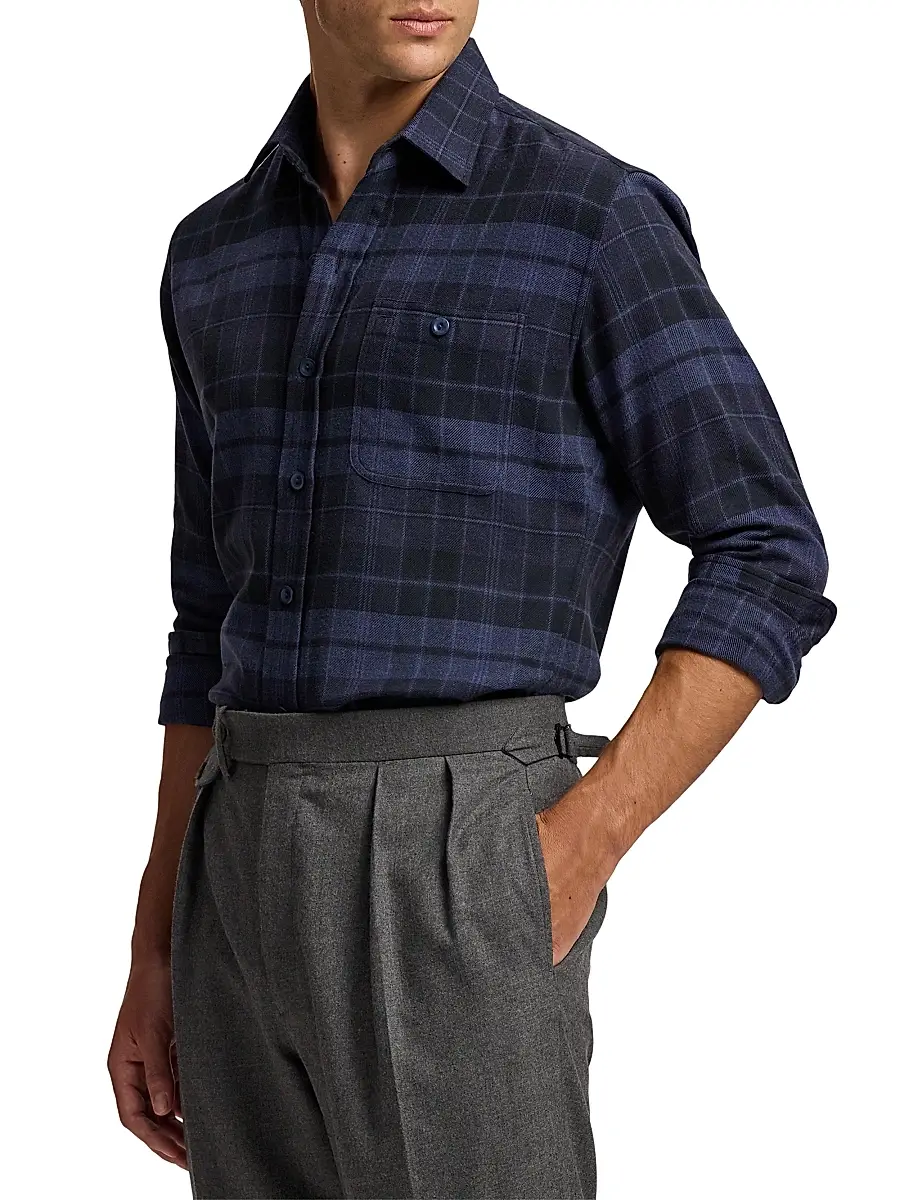 Ralph Lauren Purple Label Men's Plaid Cotton Flannel Button-Front Shirt - Dark French Blue Melange | Thumbnail 4 Ralph Lauren Purple Label Men's Plaid Cotton Flannel Button-Front Shirt - Dark French Blue Melange | Thumbnail 4