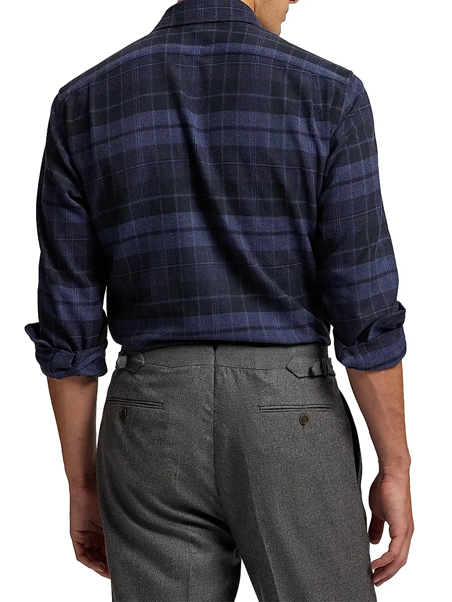 Ralph Lauren Purple Label Men's Plaid Cotton Flannel Button-Front Shirt - Dark French Blue Melange | Thumbnail 5 Ralph Lauren Purple Label Men's Plaid Cotton Flannel Button-Front Shirt - Dark French Blue Melange | Thumbnail 5