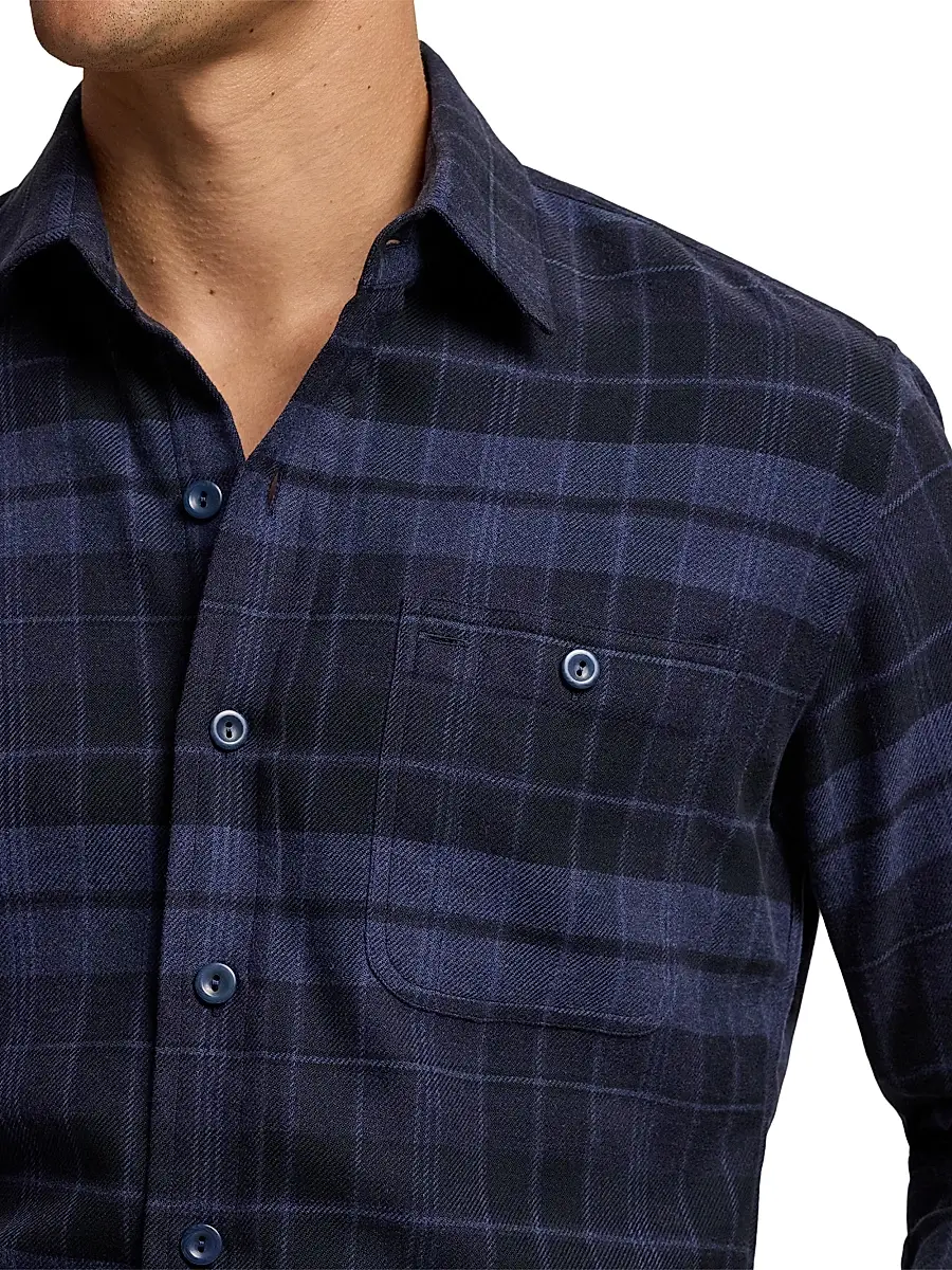 Ralph Lauren Purple Label Men's Plaid Cotton Flannel Button-Front Shirt - Dark French Blue Melange | Thumbnail 6 Ralph Lauren Purple Label Men's Plaid Cotton Flannel Button-Front Shirt - Dark French Blue Melange | Thumbnail 6