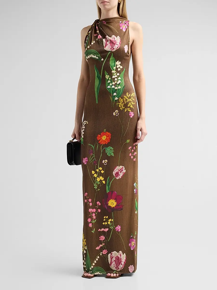 Oscar de la Renta Women's Mixed Botanical Jersey Day Dress | Thumbnail 4 Oscar de la Renta Women's Mixed Botanical Jersey Day Dress | Thumbnail 4