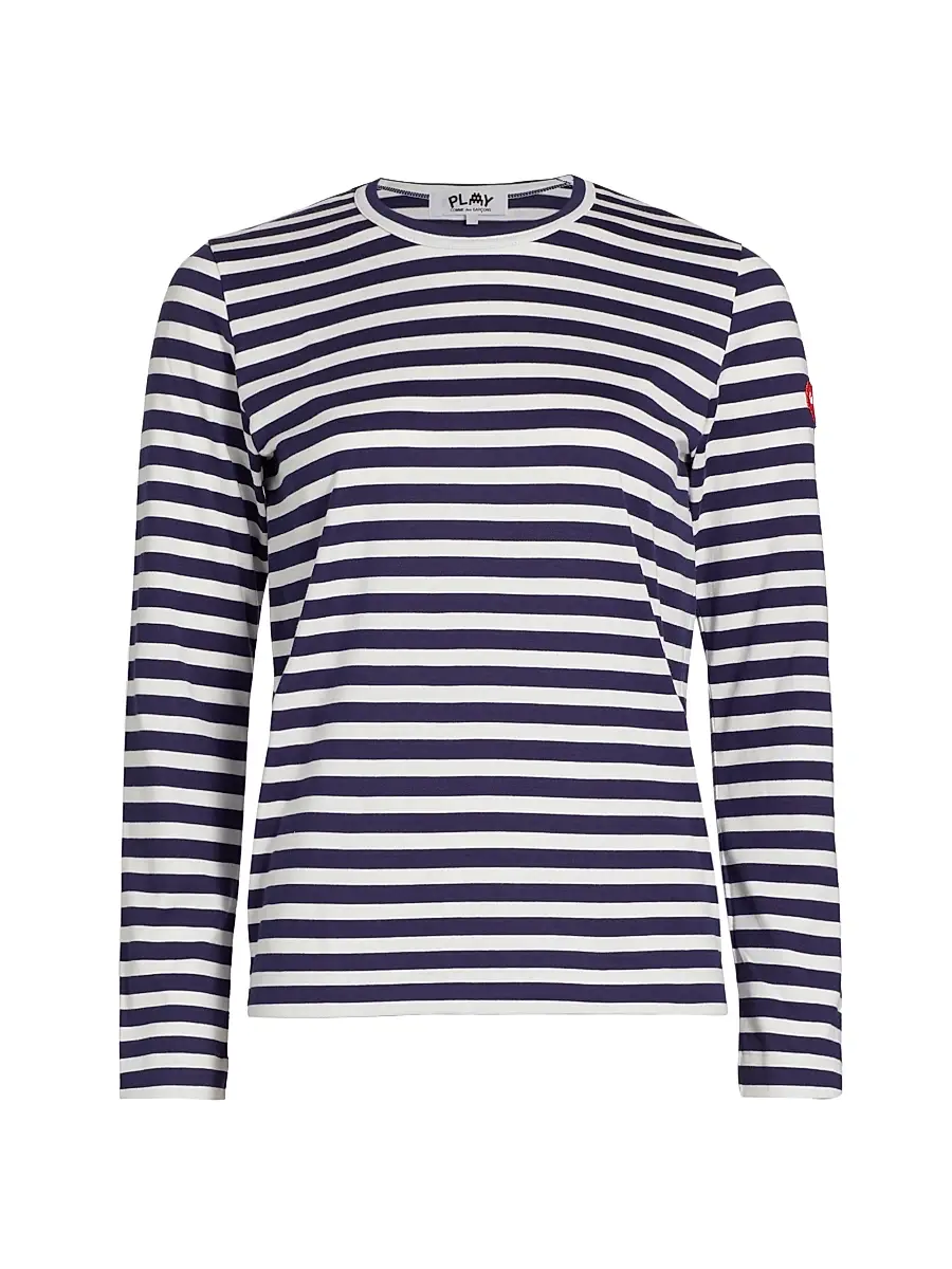 Comme des Garçons PLAY Women's Long-Sleeve Striped Cotton T-Shirt - Blue White Stripes - Size XS | Image 1 Comme des Garçons PLAY Women's Long-Sleeve Striped Cotton T-Shirt - Blue White Stripes - Size XS | Image 1