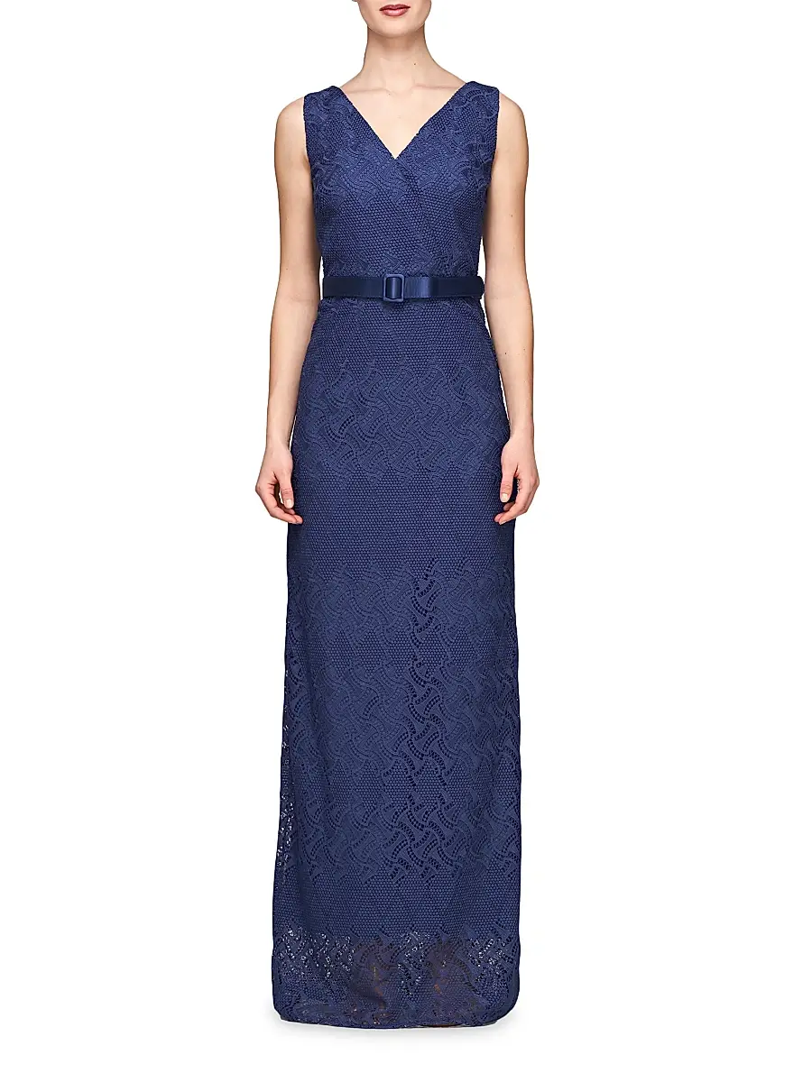 Kay Unger Women's Hendrix Belted Lace Column Gown | Thumbnail 2 Kay Unger Women's Hendrix Belted Lace Column Gown | Thumbnail 2
