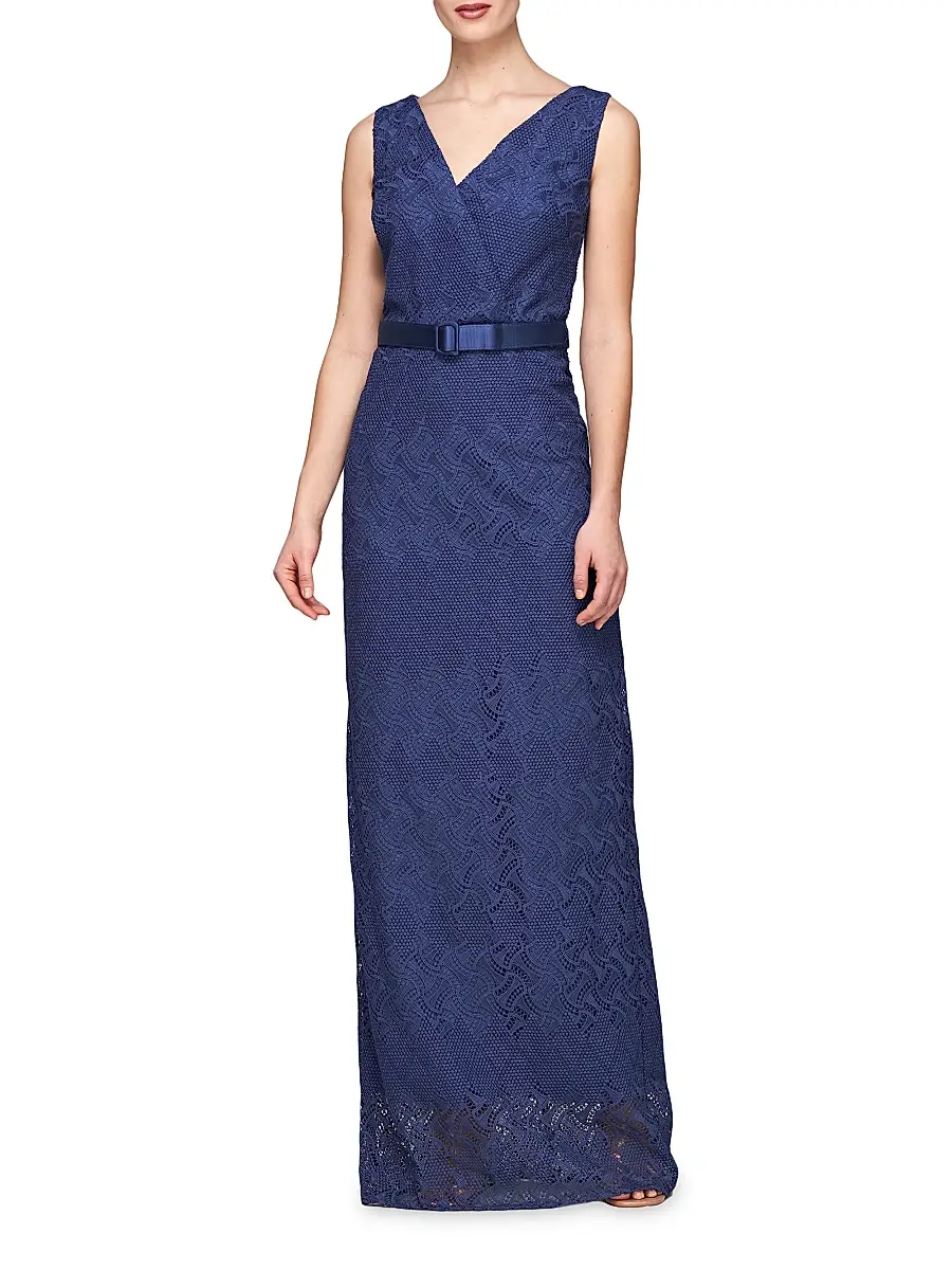 Kay Unger Women's Hendrix Belted Lace Column Gown | Thumbnail 3 Kay Unger Women's Hendrix Belted Lace Column Gown | Thumbnail 3