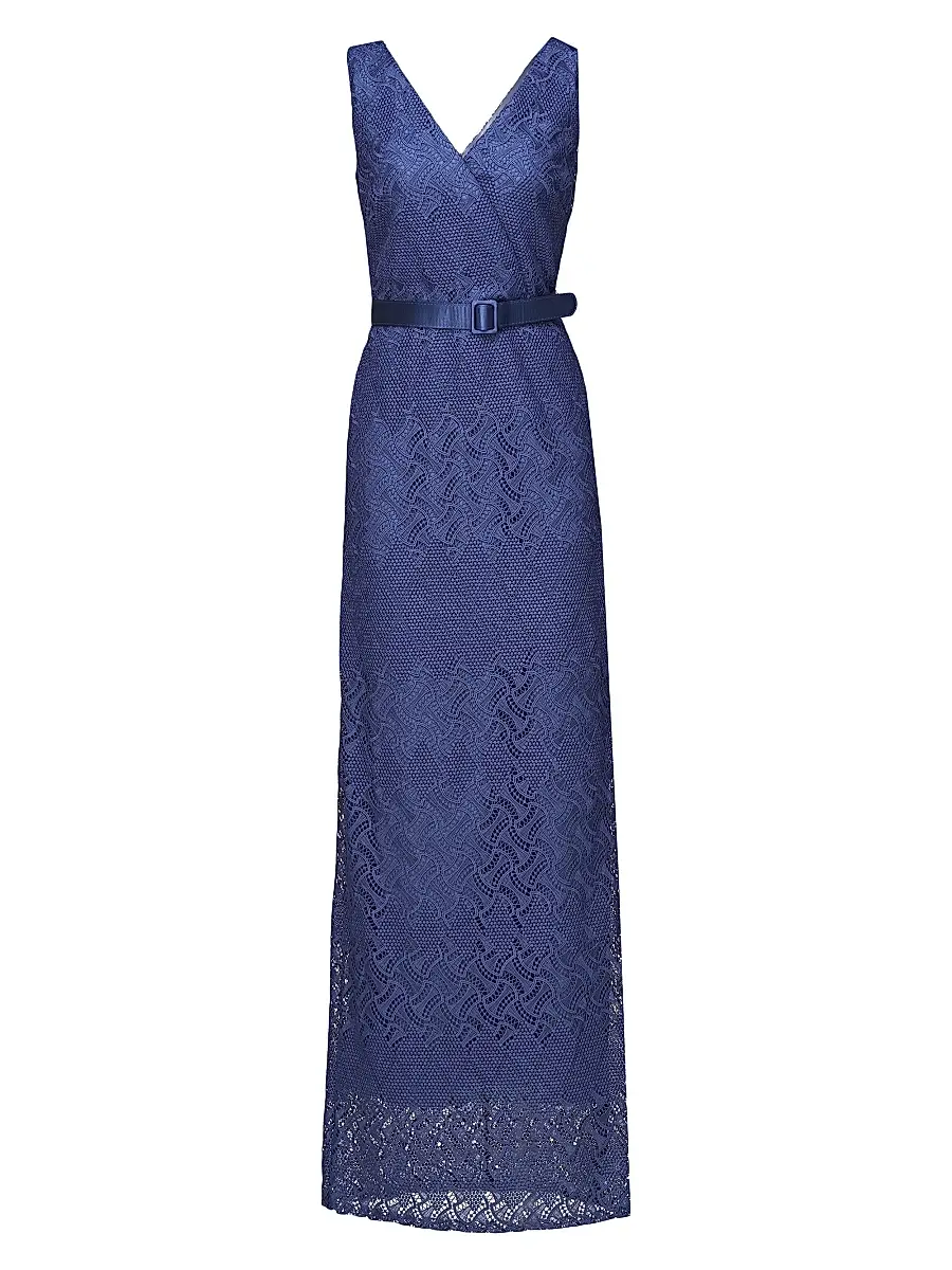 Kay Unger Women's Hendrix Belted Lace Column Gown - Midnight | Image 1 Kay Unger Women's Hendrix Belted Lace Column Gown - Midnight | Image 1