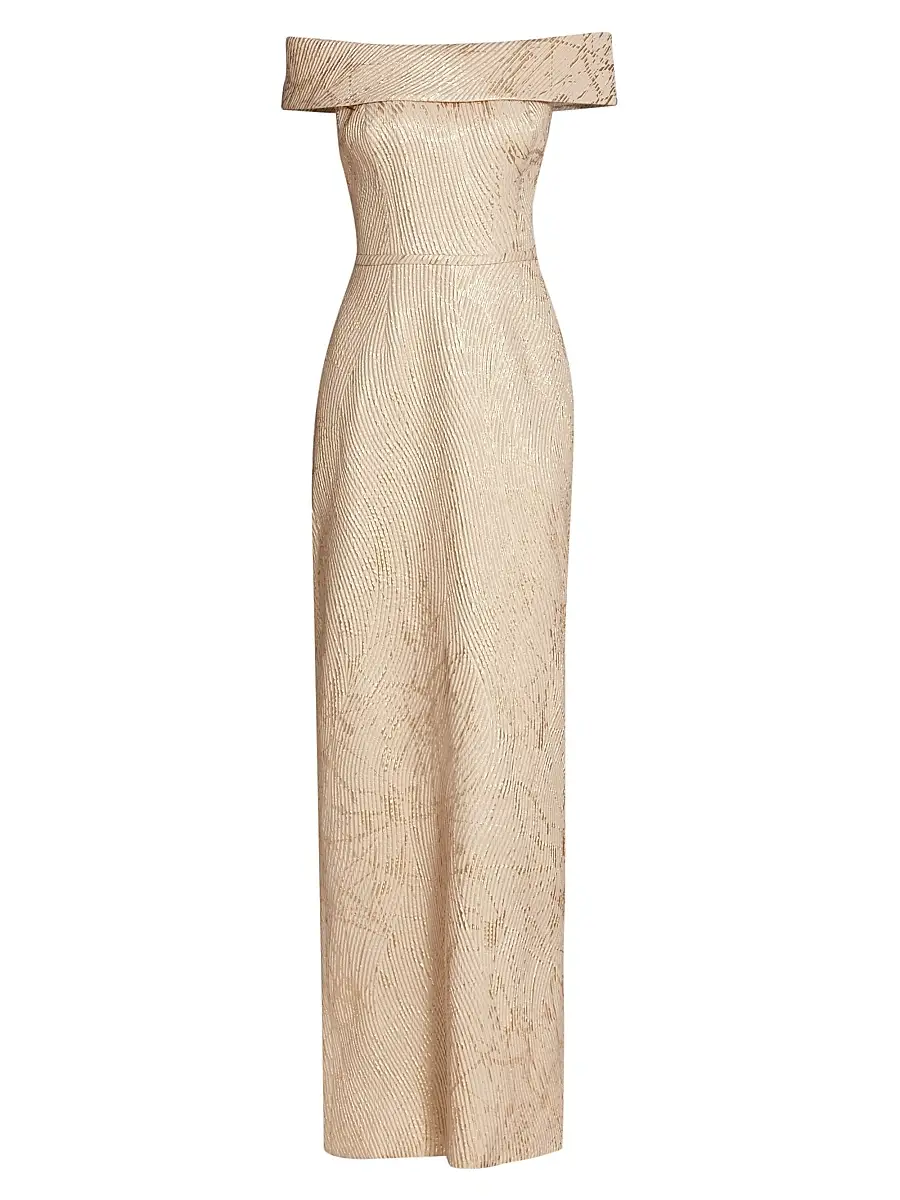 Teri Jon by Rickie Freeman Women's Off-the-Shoulder Metallic Jacquard Gown - Gold | Image 1 Teri Jon by Rickie Freeman Women's Off-the-Shoulder Metallic Jacquard Gown - Gold | Image 1
