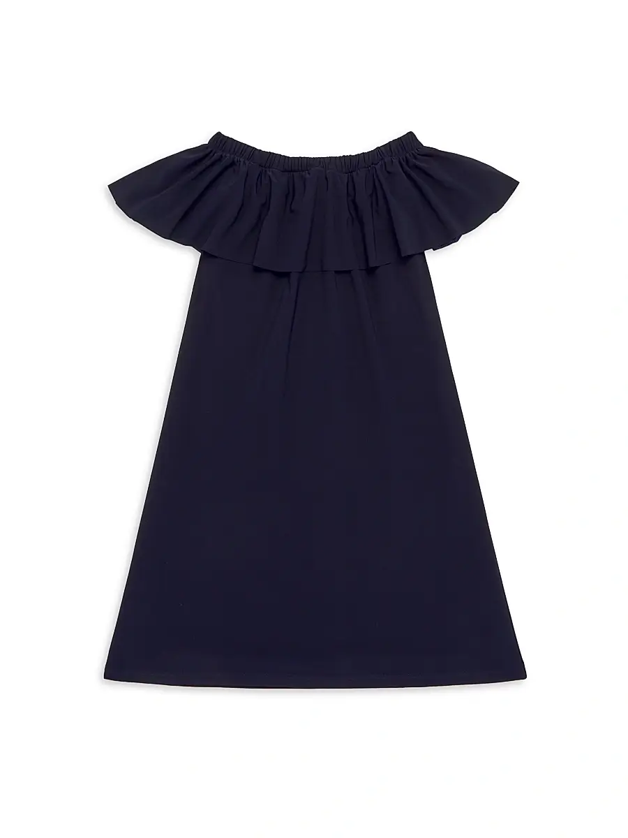 Un Deux Trois Girl's Ruffled Off-The-Shoulder Dress - Navy | Image 1 Un Deux Trois Girl's Ruffled Off-The-Shoulder Dress - Navy | Image 1