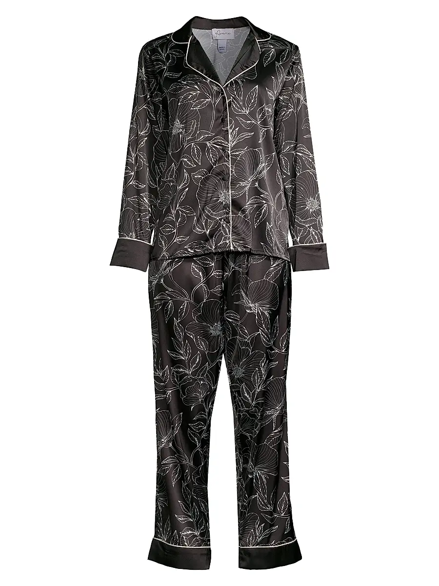 Averie Women's Leaf Print Long Pajama Set - Black - Size XS | Image 1 Averie Women's Leaf Print Long Pajama Set - Black - Size XS | Image 1
