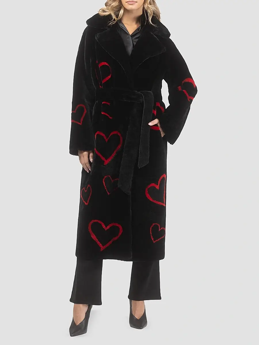Gorski Women's Reversible Shearling Lamb Coat with Heart Intarsia - Black Red | Thumbnail 2 Gorski Women's Reversible Shearling Lamb Coat with Heart Intarsia - Black Red | Thumbnail 2