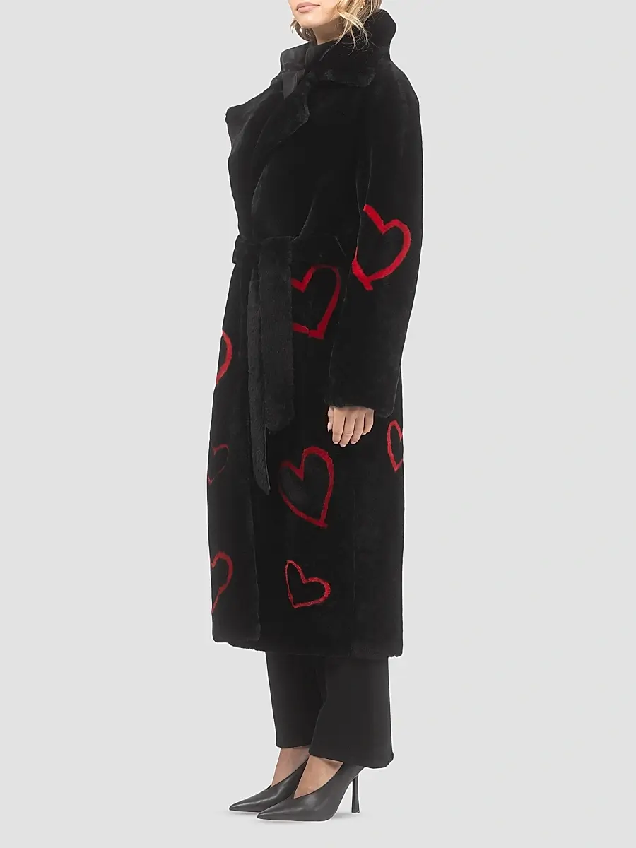 Gorski Women's Reversible Shearling Lamb Coat with Heart Intarsia - Black Red | Thumbnail 3 Gorski Women's Reversible Shearling Lamb Coat with Heart Intarsia - Black Red | Thumbnail 3