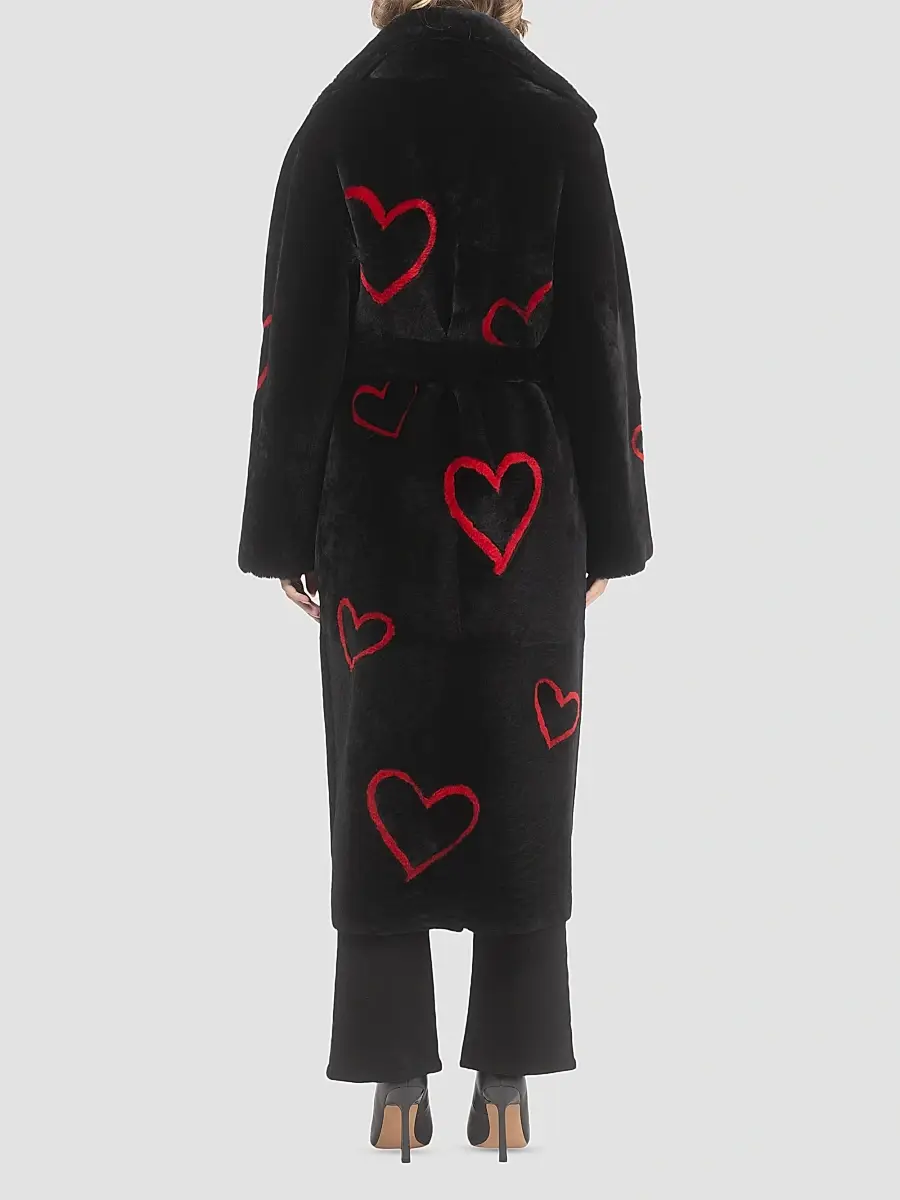 Gorski Women's Reversible Shearling Lamb Coat with Heart Intarsia - Black Red | Thumbnail 4 Gorski Women's Reversible Shearling Lamb Coat with Heart Intarsia - Black Red | Thumbnail 4
