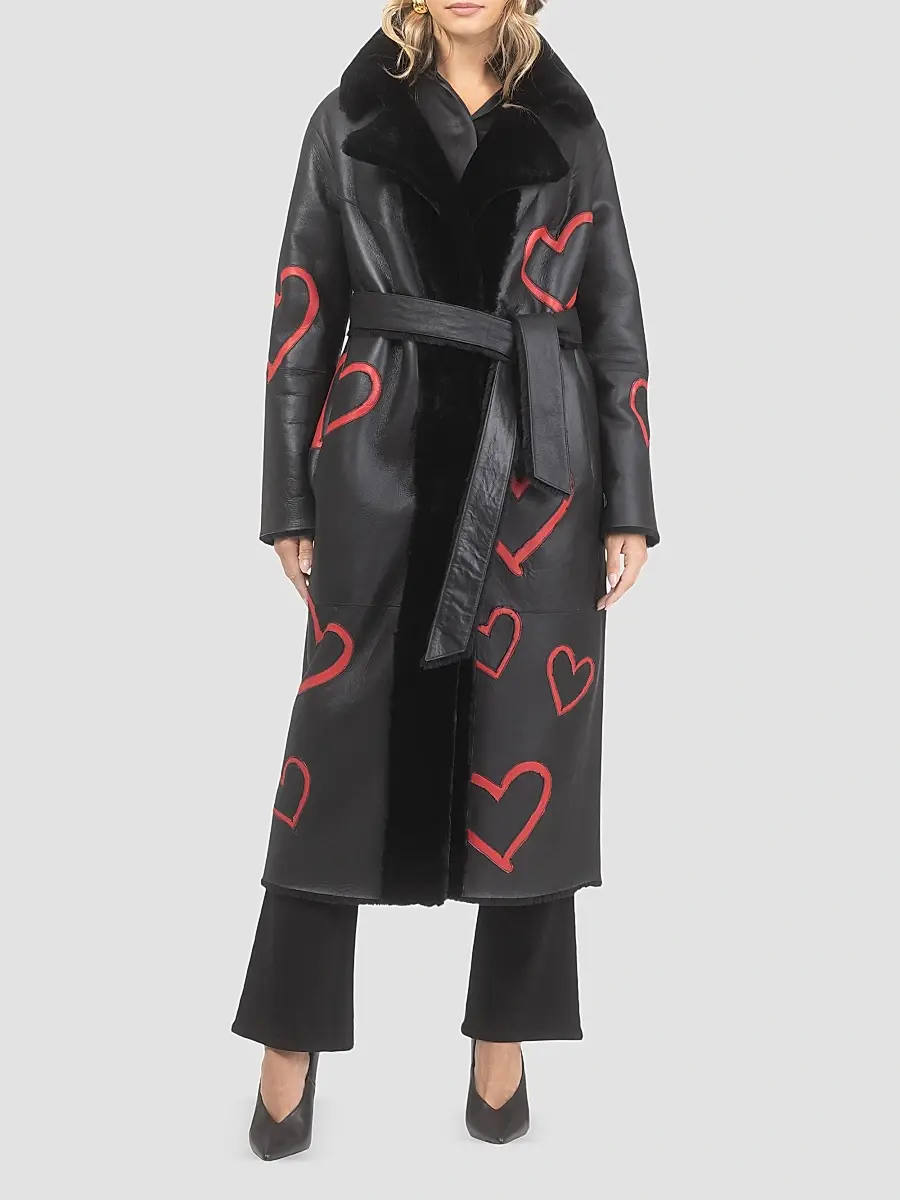 Gorski Women's Reversible Shearling Lamb Coat with Heart Intarsia - Black Red | Thumbnail 5 Gorski Women's Reversible Shearling Lamb Coat with Heart Intarsia - Black Red | Thumbnail 5