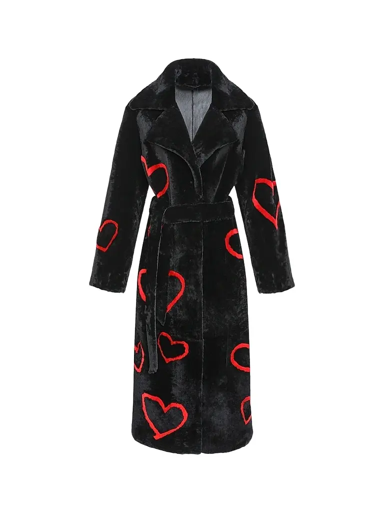 Gorski Women's Reversible Shearling Lamb Coat with Heart Intarsia - Black Red - Size Small | Image 1 Gorski Women's Reversible Shearling Lamb Coat with Heart Intarsia - Black Red - Size Small | Image 1