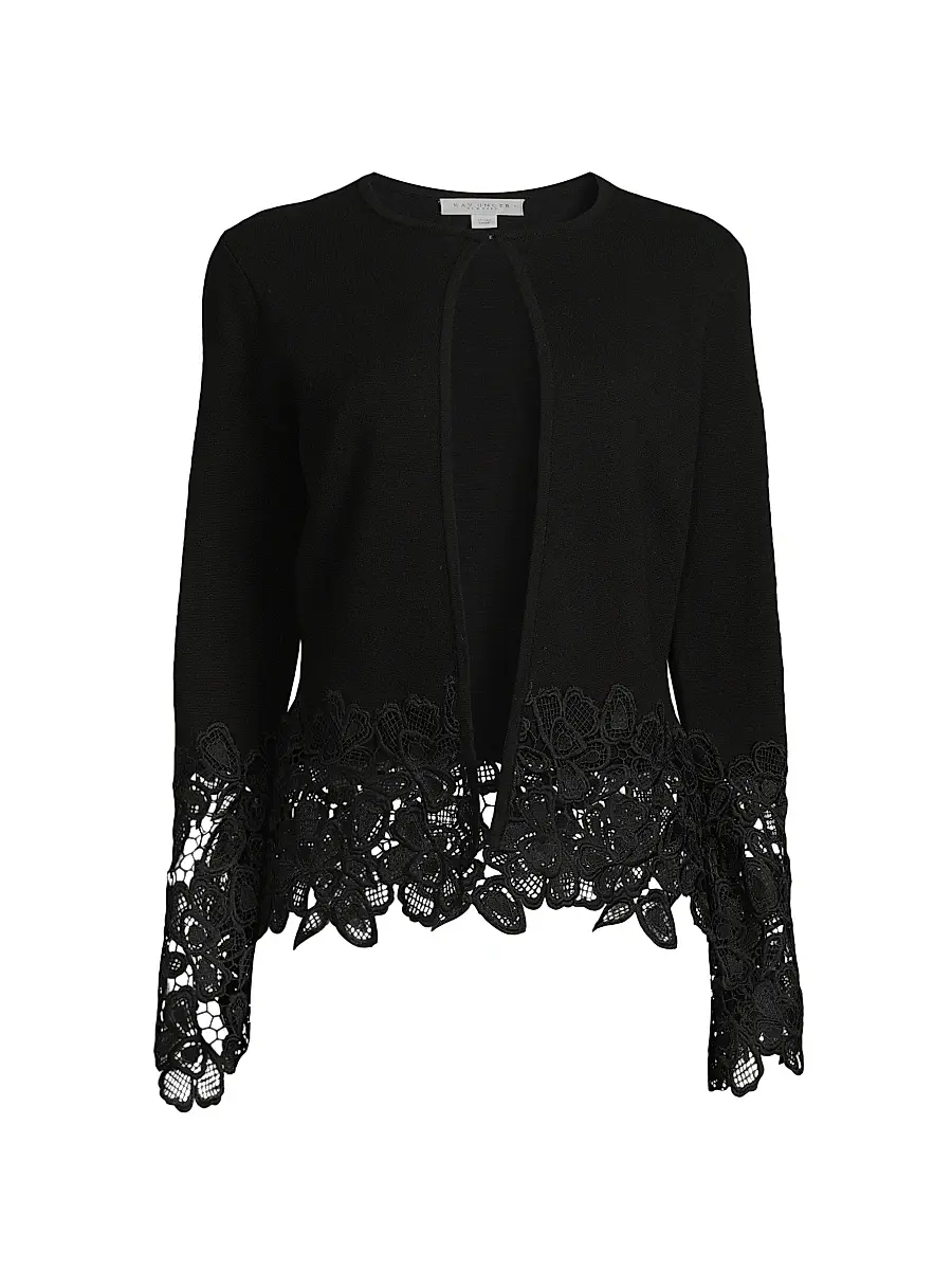 Kay Unger Women's Noelle Lace-Trimmed Cardigan - Black | Image 1 Kay Unger Women's Noelle Lace-Trimmed Cardigan - Black | Image 1