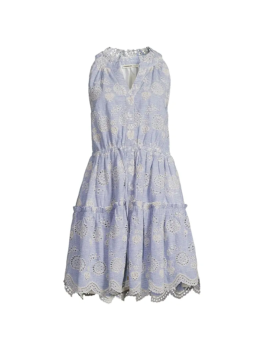 Change of Scenery Women's Charlotte Embroidered Striped Cotton Midi-Dress - Sky Natural - Size XS | Image 1 Change of Scenery Women's Charlotte Embroidered Striped Cotton Midi-Dress - Sky Natural - Size XS | Image 1