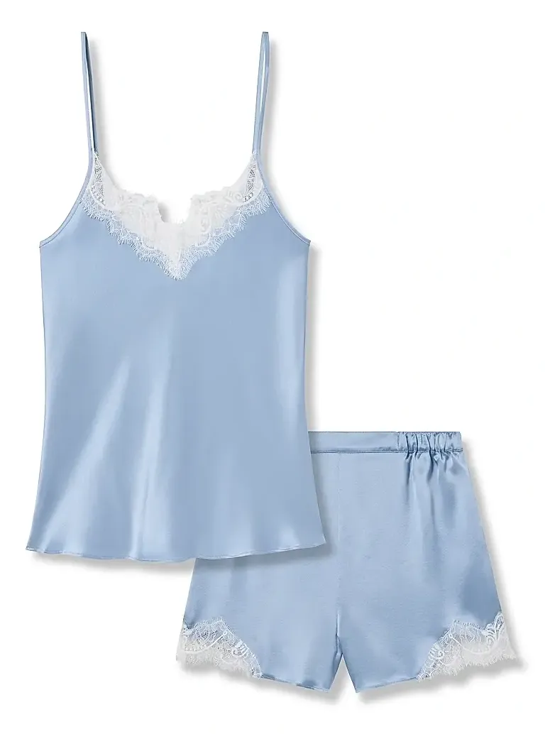 Women's Mulberry Silk Lace Cami & Shorts Set - Blue